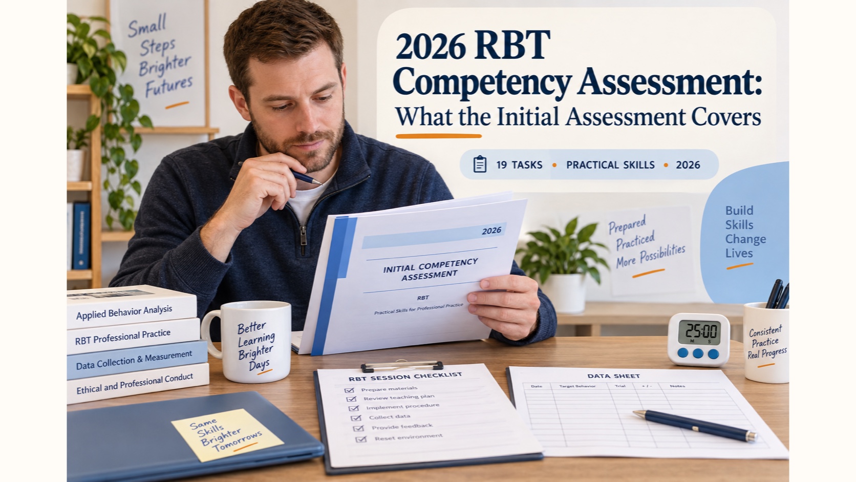 A White male RBT learner reviewing the 2026 Initial Competency Assessment packet beside a session checklist and data sheet.