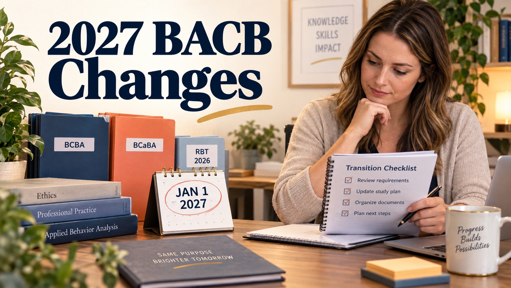 A realistic White woman reviews a 2027 BACB transition calendar, BCBA and BCaBA requirement folders, and a separate RBT 2026 note in one integrated editorial scene titled 2027 BACB Changes.