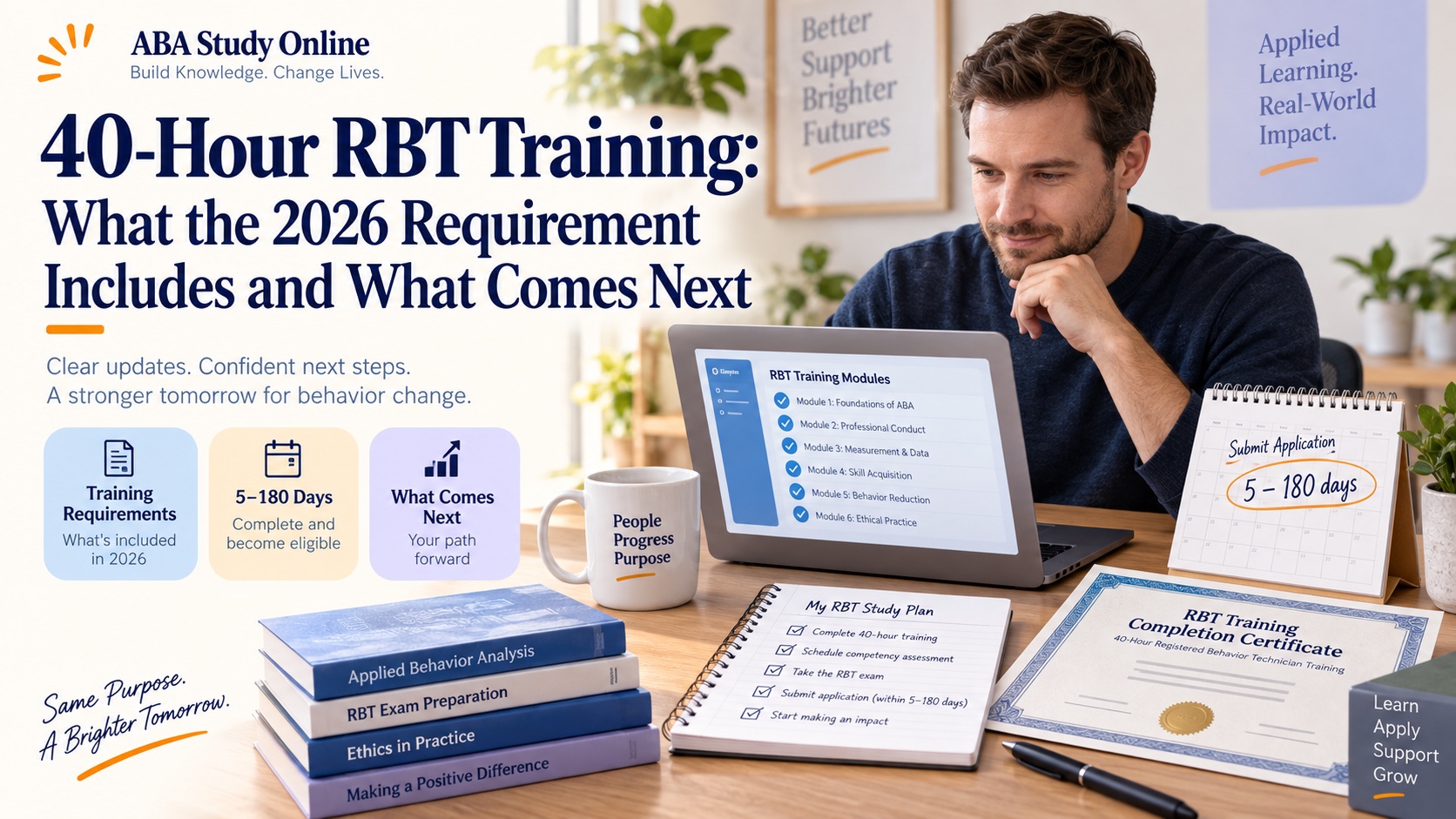 A White man reviews 40-hour RBT training modules, a calendar, a completion certificate, and a study checklist in an integrated ABA Study Online editorial scene.