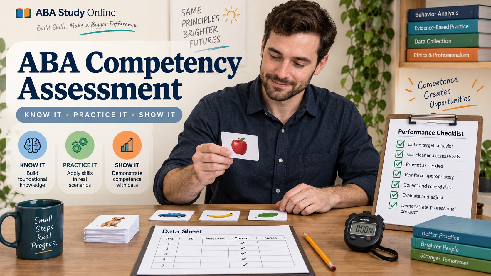 A White male ABA learner practicing a defined task beside a performance checklist, stopwatch, and study materials.