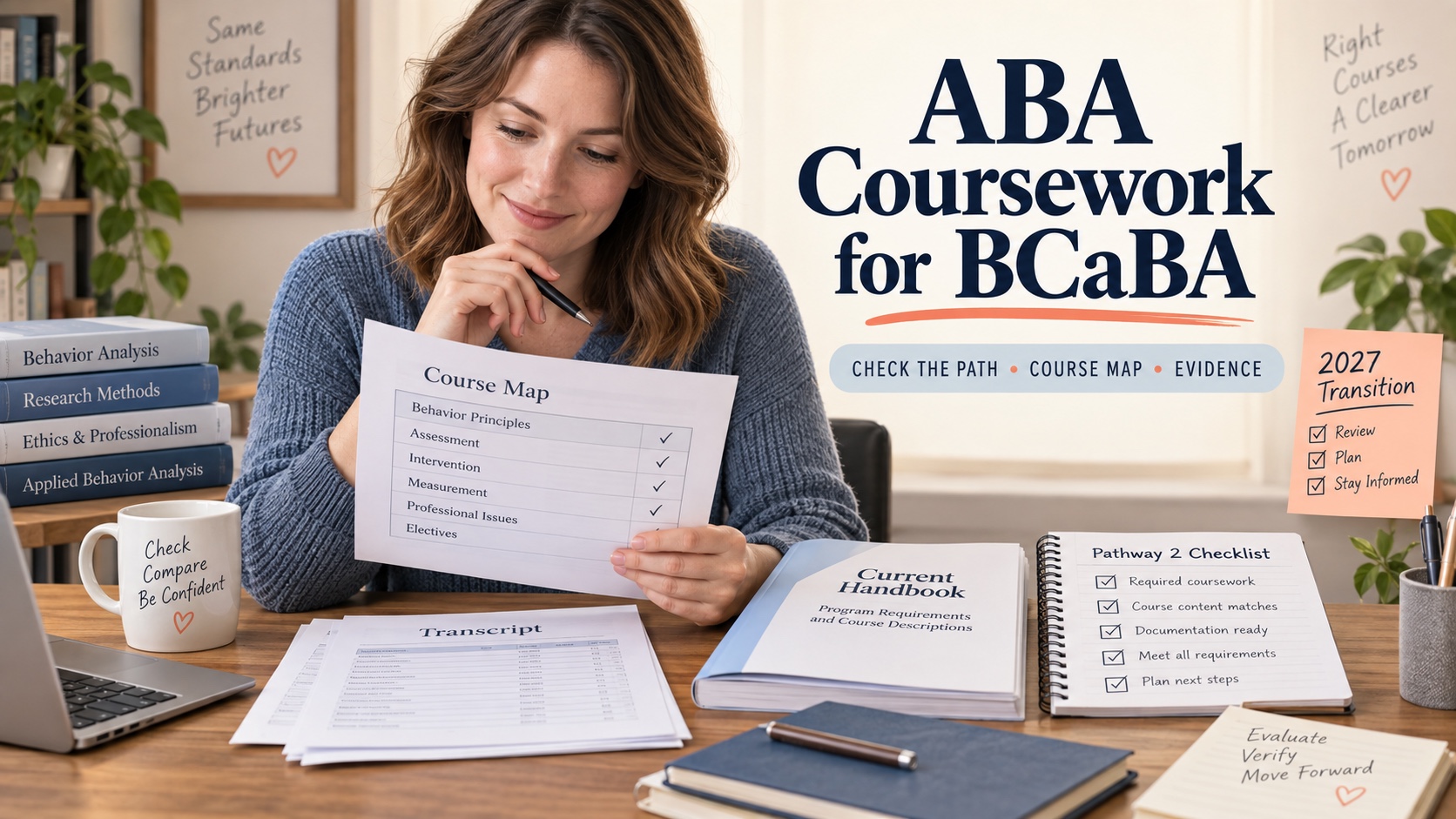 A White woman reviews an ABA coursework map for BCaBA beside a transcript, handbook, pathway checklist, and 2027 transition notes in one integrated editorial study scene.