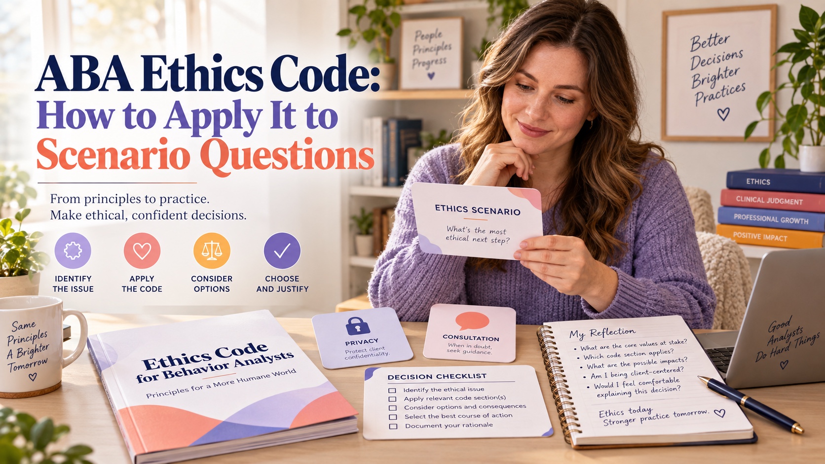 A White female ABA learner reviewing ethics scenario cards, a code booklet, privacy lock, decision notes, and a consultation speech bubble.