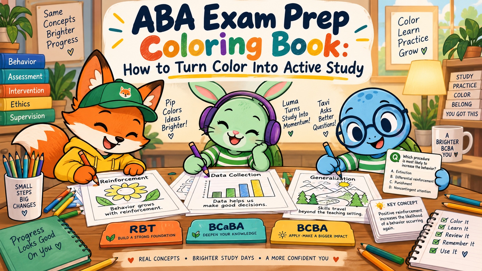 Pip, Luma, and Tavi use colorful ABA exam-prep pages, pencils, track tabs, and study cards in a canonical ABA Study Online teaching-tool scene.