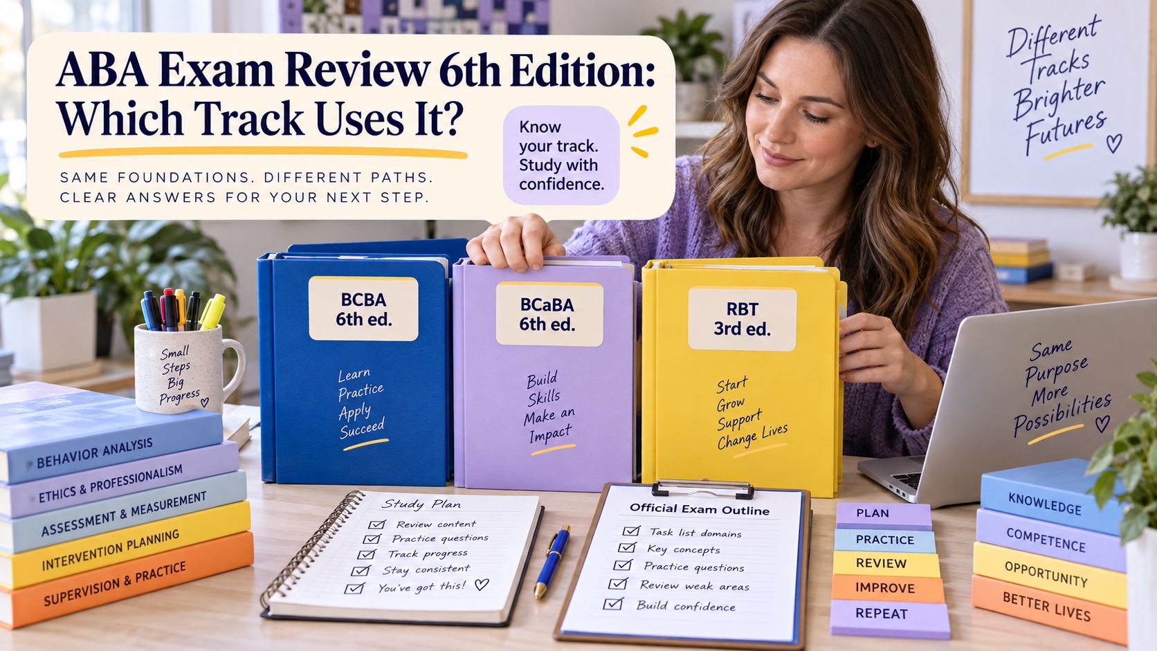 A realistic White woman organizes BCBA, BCaBA, and RBT exam review folders beside edition tabs, an official-outline checklist, and study notes in an integrated editorial cover.