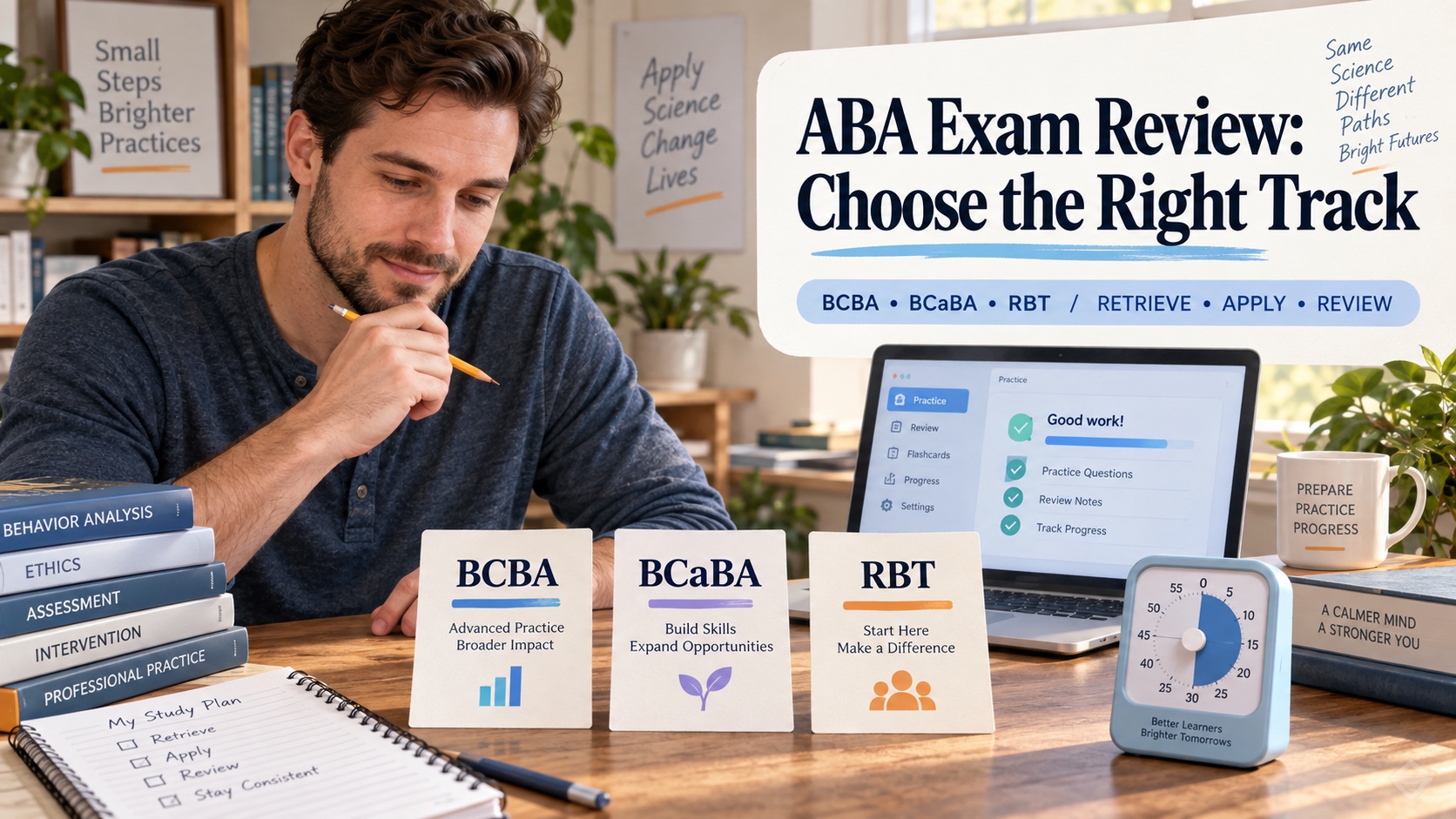A White man compares BCBA, BCaBA, and RBT exam review cards beside a timer, practice notebook, and review screen in an integrated editorial study scene.