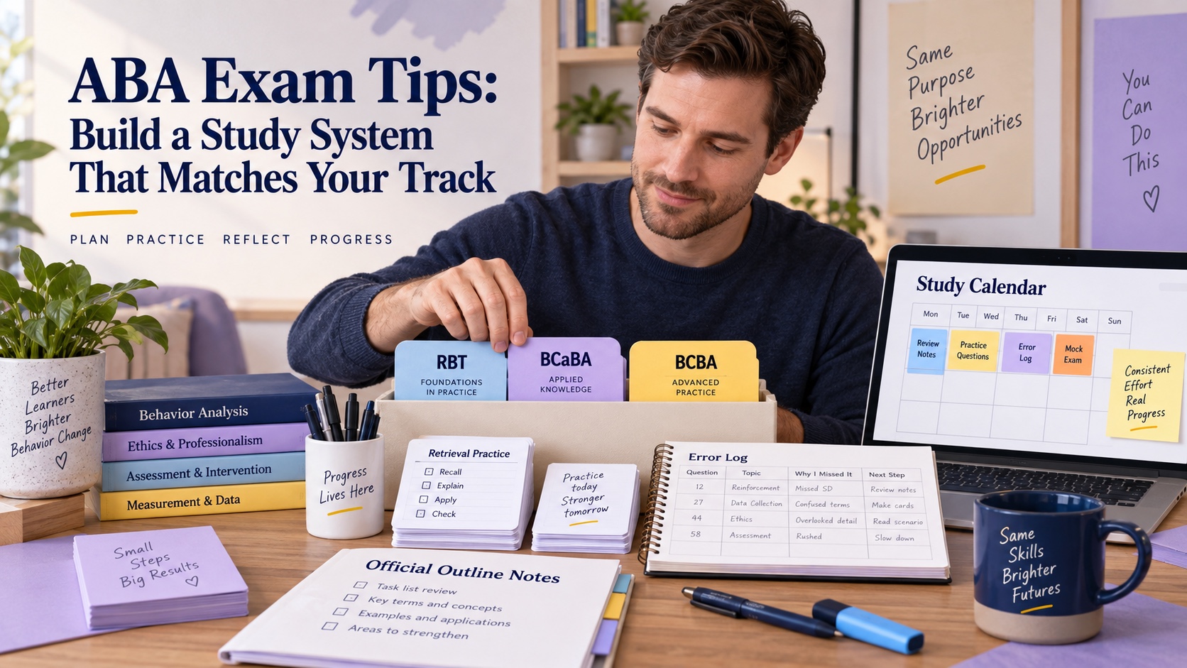 A realistic White man organizes ABA exam tips with track tabs, retrieval cards, an error log, official outline notes, and a study calendar in an integrated editorial cover.
