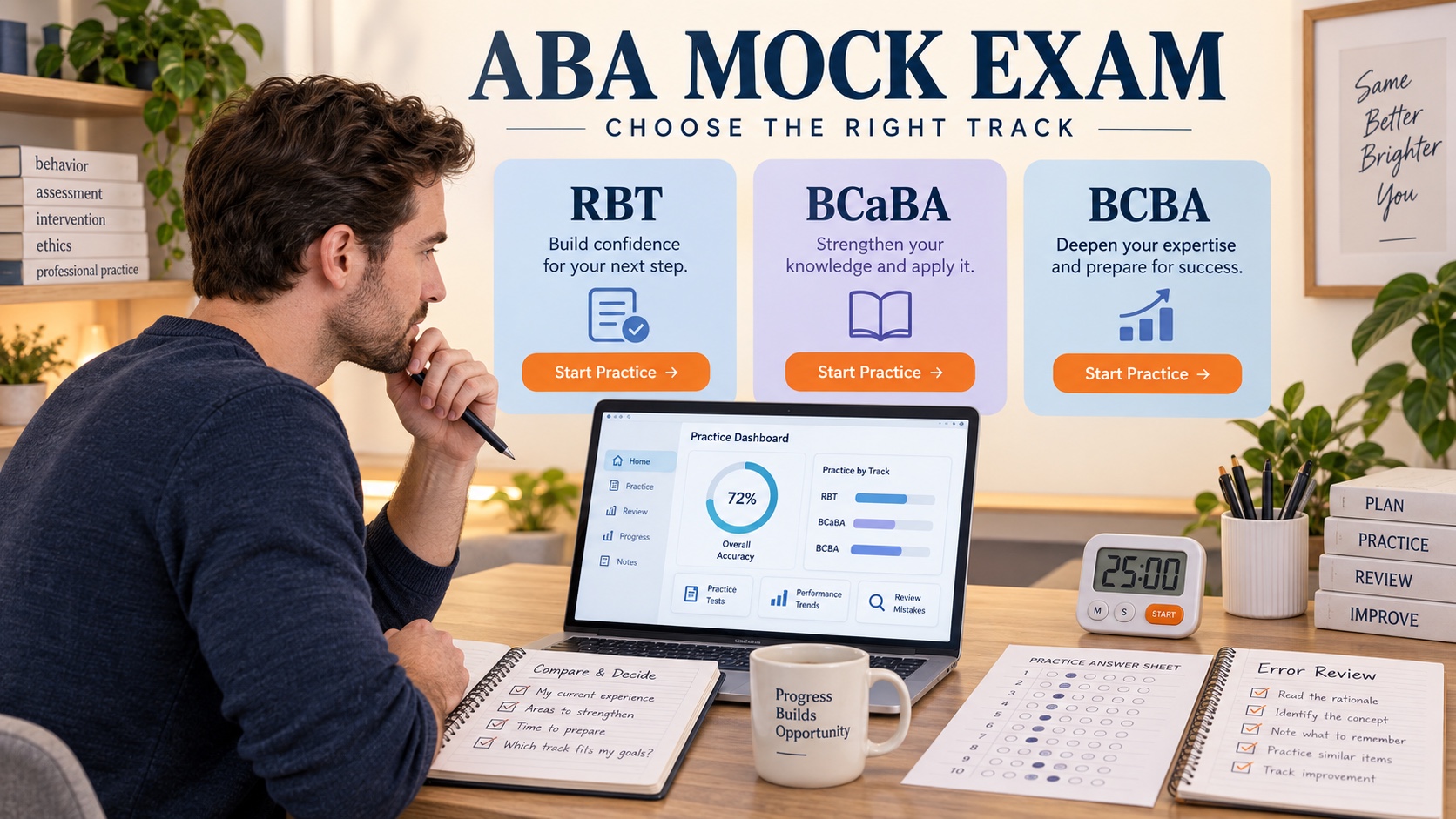 A White male learner compares RBT, BCaBA, and BCBA mock-exam tracks with answer sheets, a timer, and review notes in one integrated editorial scene.