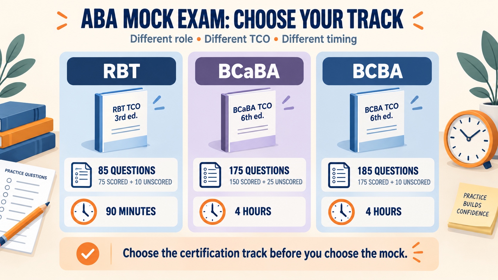 No-person infographic comparing RBT, BCaBA, and BCBA mock-exam tracks by current outline, question count, scored and unscored questions, and time.
