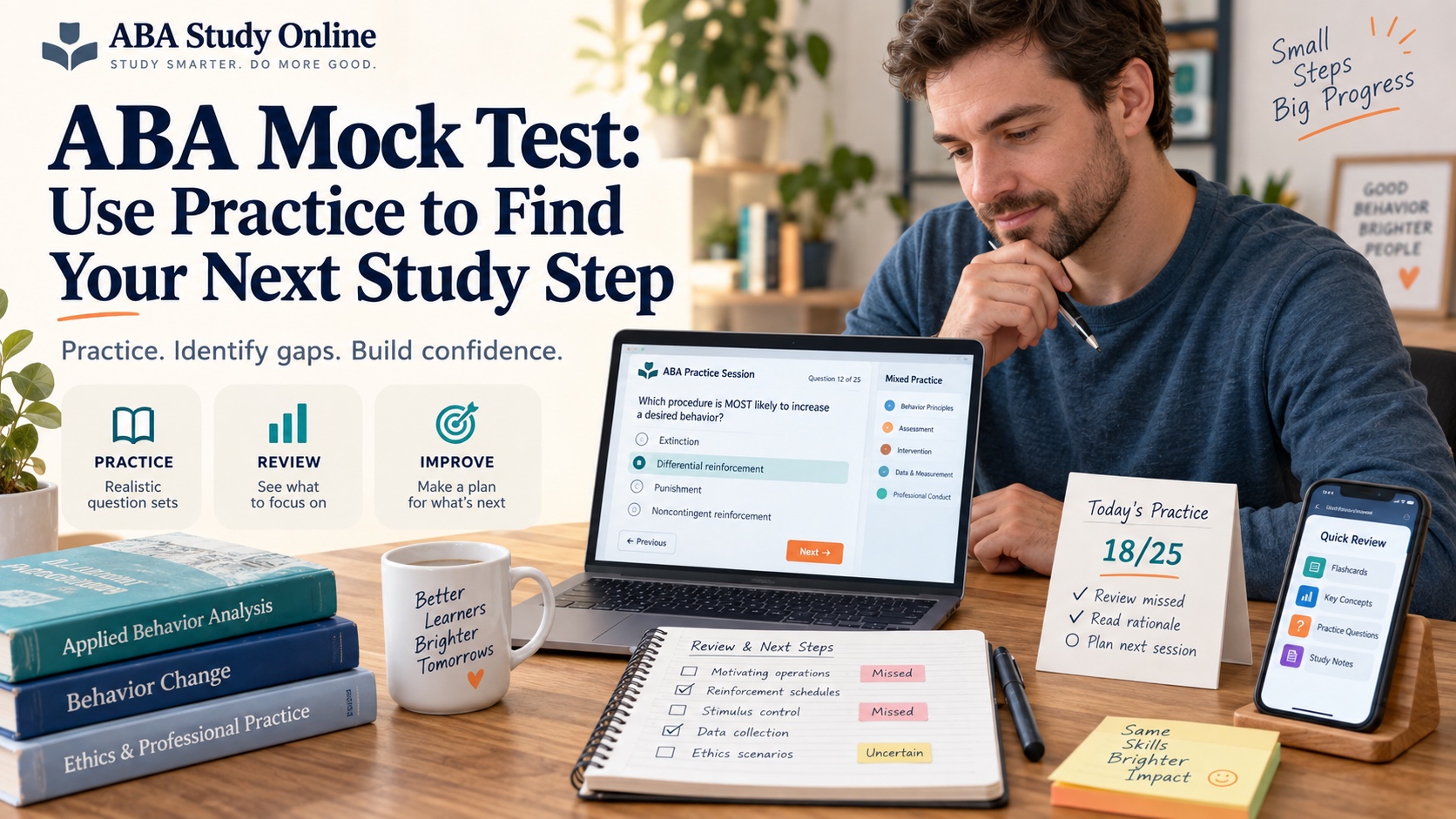 A realistic White male learner reviews a general ABA mock test with a laptop question set, error tags, a score card, and a phone for app review in one integrated editorial scene.