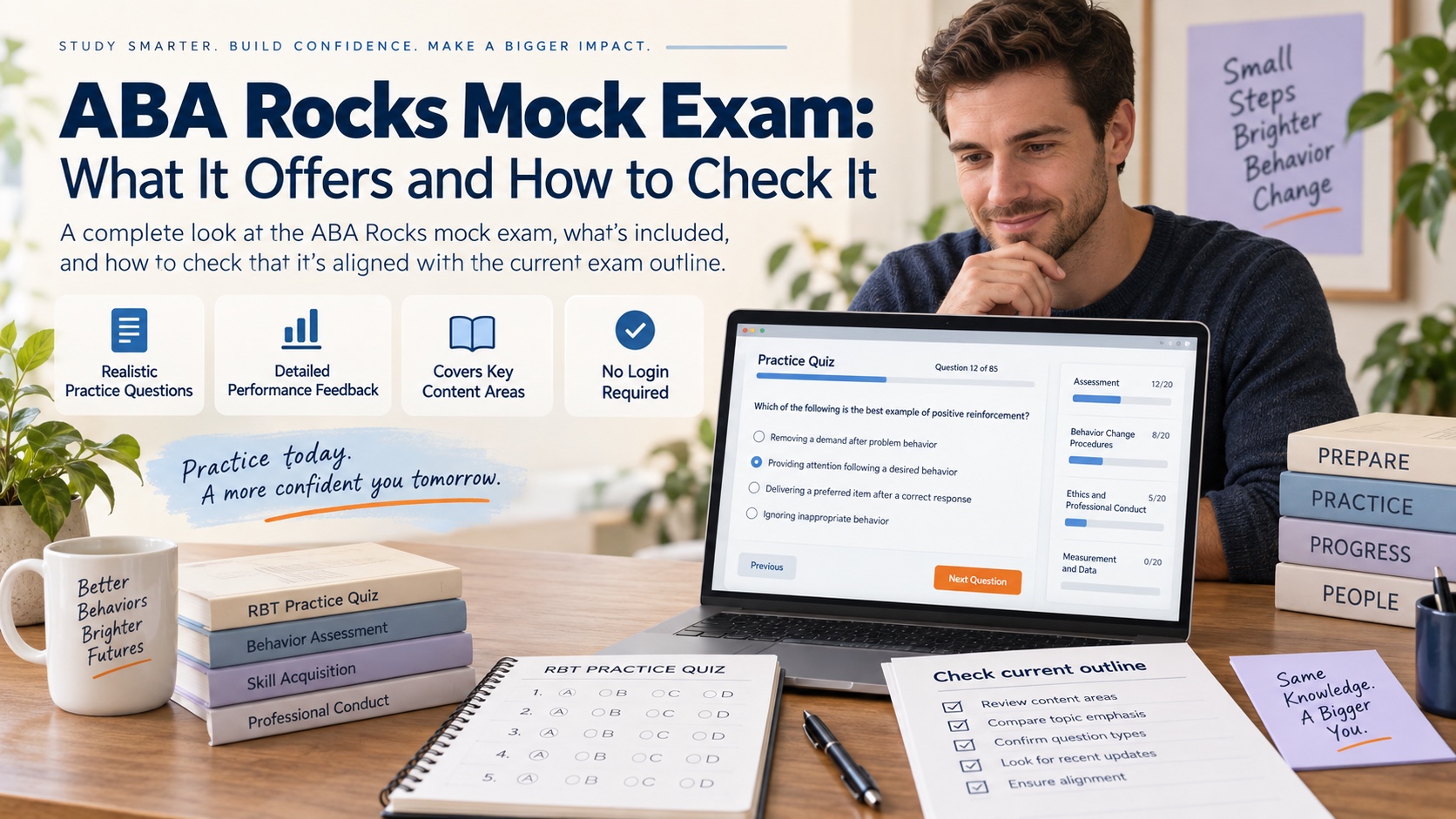 A White man reviews ABA Rocks mock-exam quiz sheets, section cards, a no-login study screen, and a current-outline checklist in an integrated ABA Study Online editorial scene.
