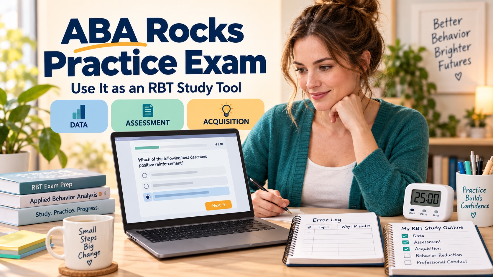 A White female RBT learner uses an ABA Rocks practice quiz beside section cards, an answer review notebook, and a current RBT outline checklist in one integrated editorial scene.