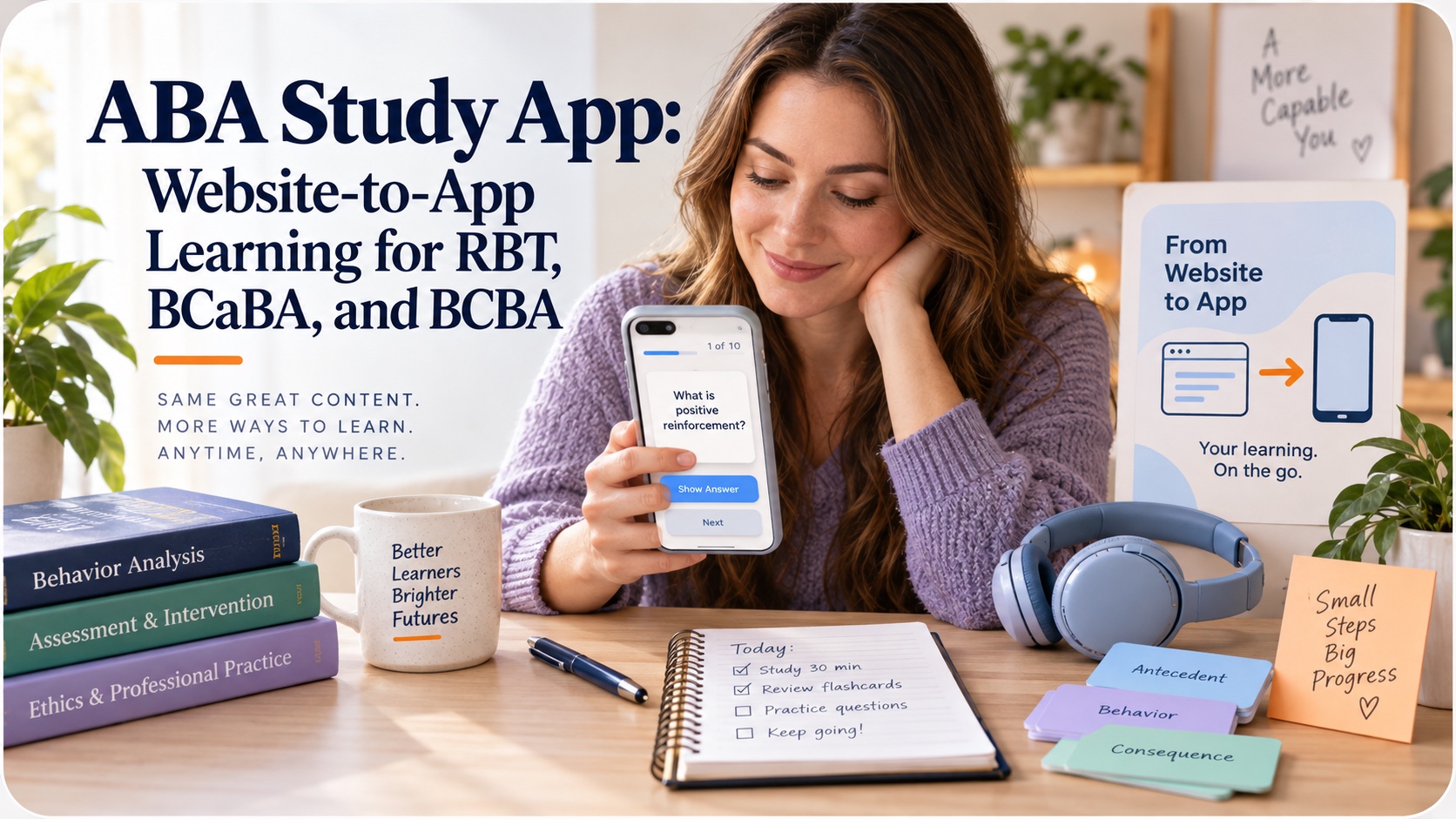 A realistic White woman studies with a phone showing a generic ABA learning loop, flashcards, headphones, a progress notebook, and website-to-app study cards in an integrated ABA Study Online editorial scene.
