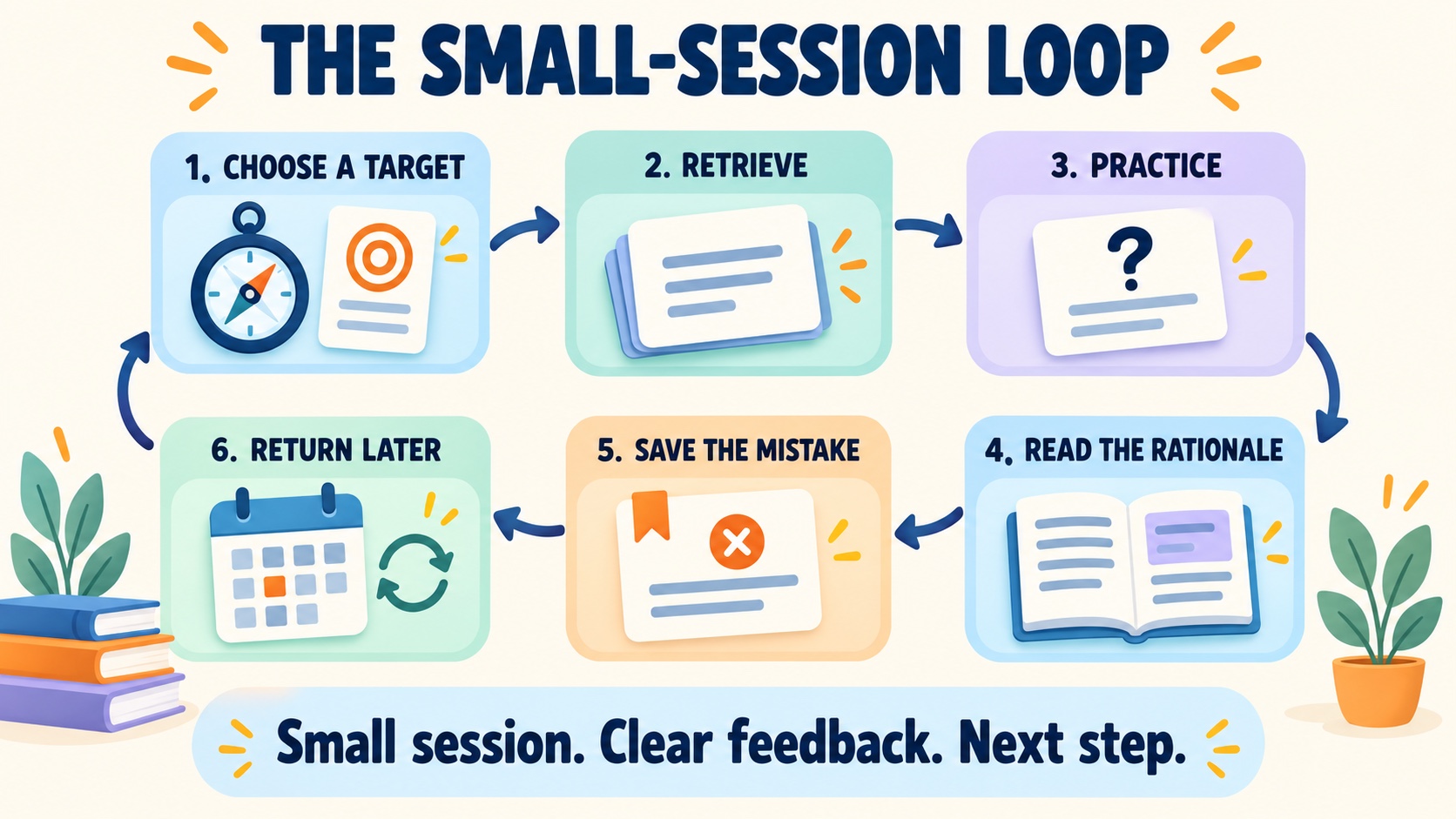 No-person infographic showing the ABA study app small-session loop: choose a target, retrieve, practice, read the rationale, save the mistake, and return later.