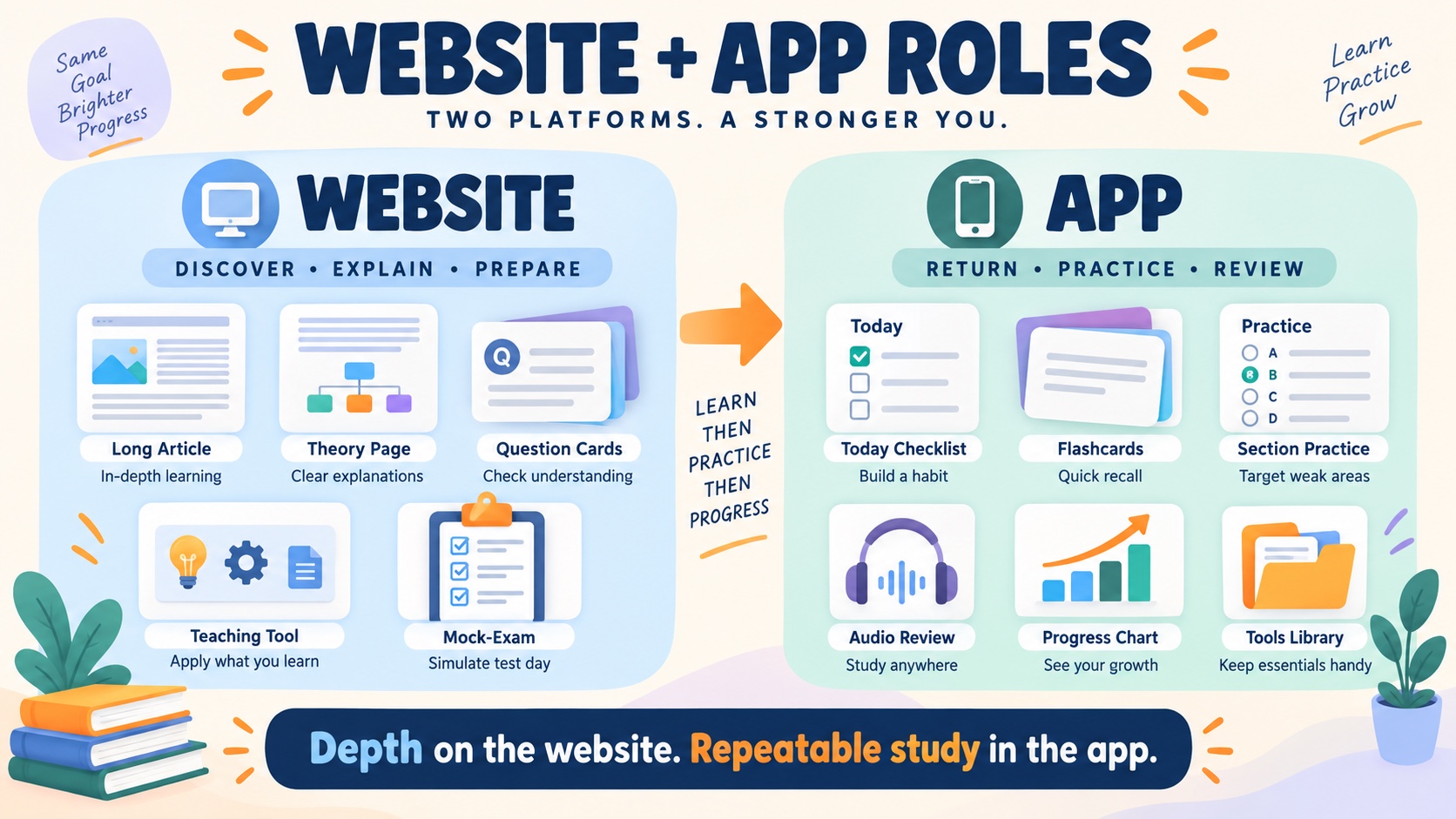 No-person infographic separating the ABA Study Online website layer of discovery, theory, free questions, resources, tools, and mock exams from the app layer of Today, Learn, Practice, Listen, Progress, and Tools.