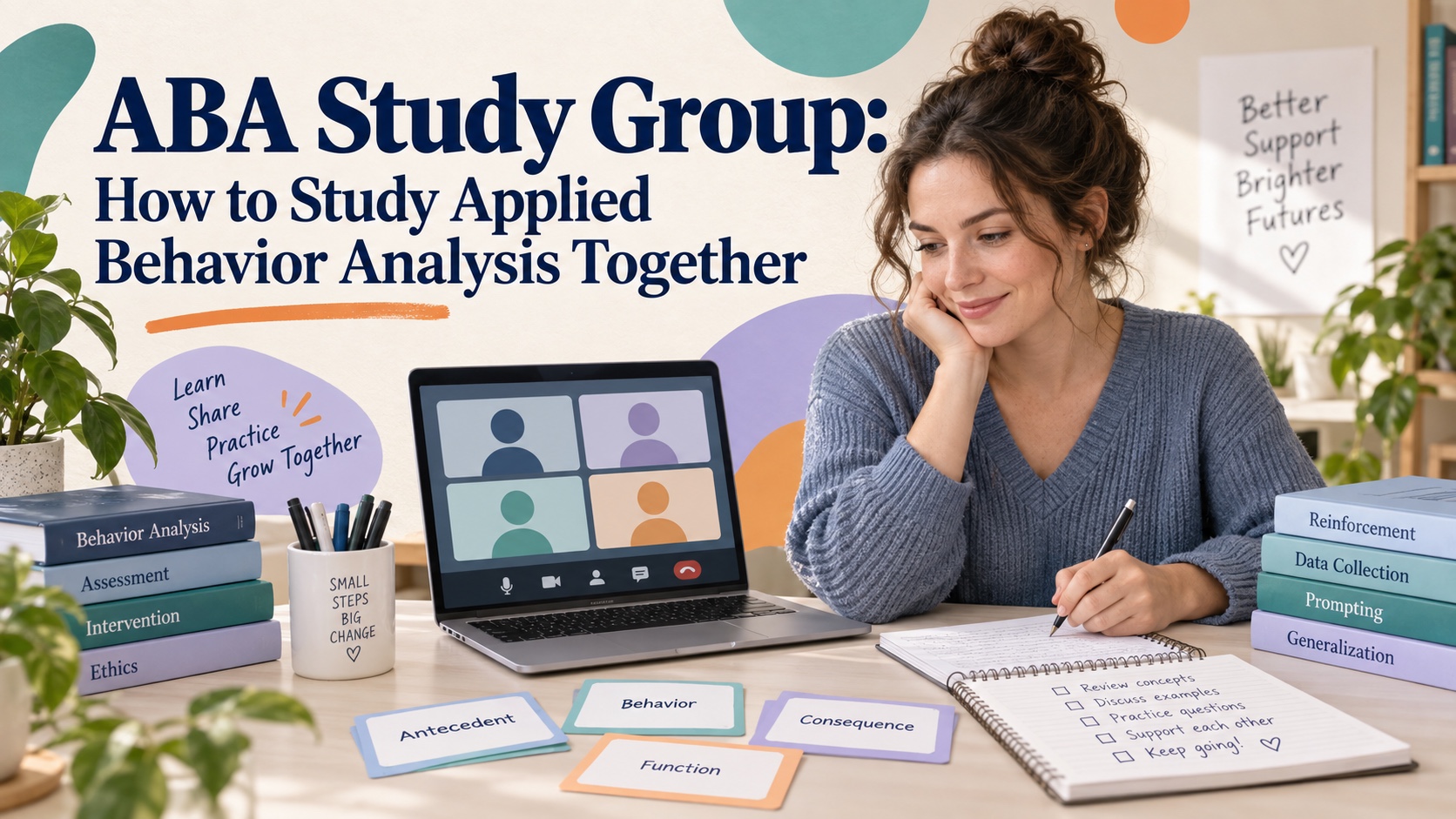 A realistic White woman studies at a table with ABA flashcards, notes, topic books, and a generic online study-group screen in an integrated editorial cover.