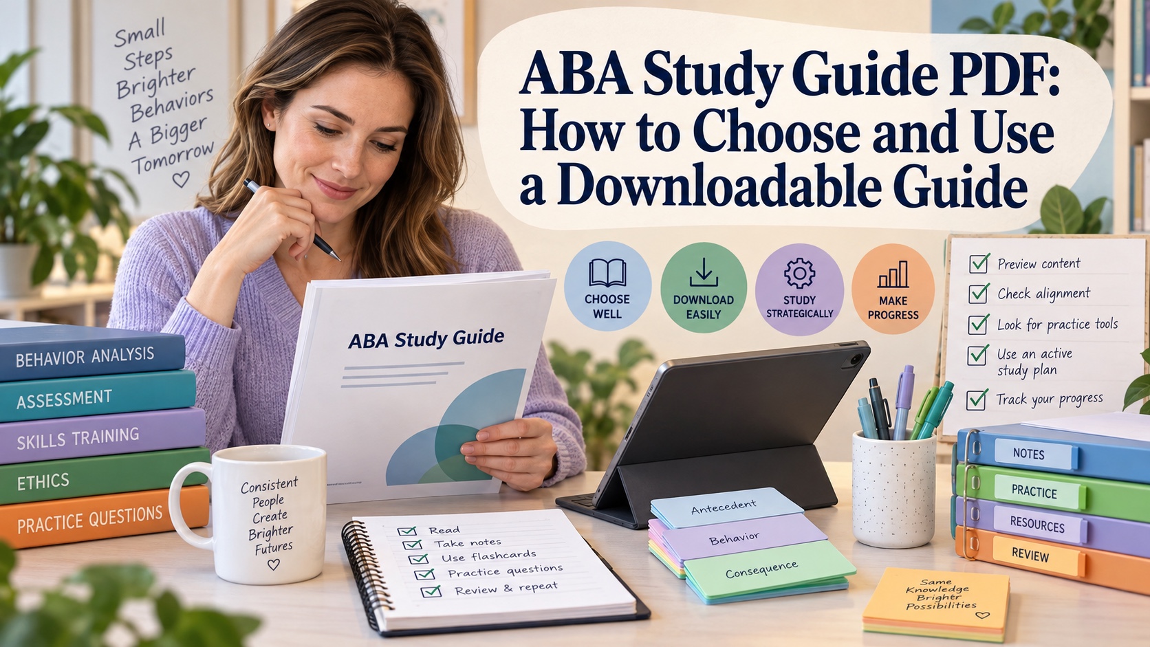 A realistic White woman reviews a generic ABA Study Guide PDF with a tablet, binder tabs, flashcards, and a study checklist in an integrated editorial cover.