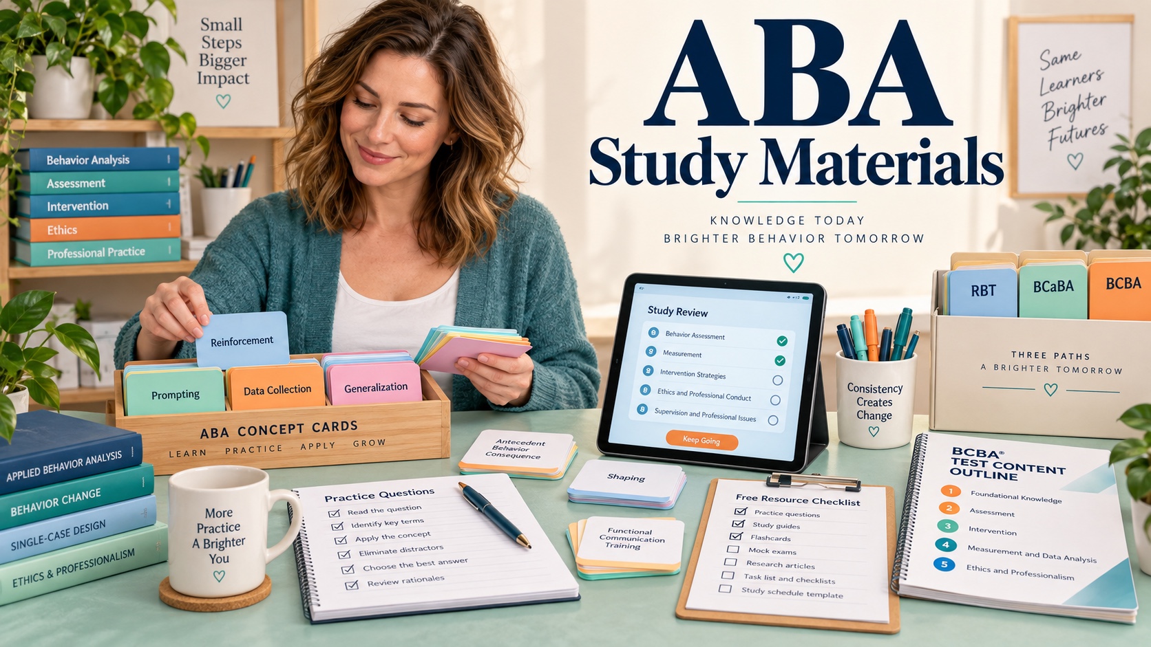 A White woman organizes ABA study materials including concept cards, official outline notes, free-resource checklist, practice questions, and a phone app in an integrated ABA Study Online editorial scene.