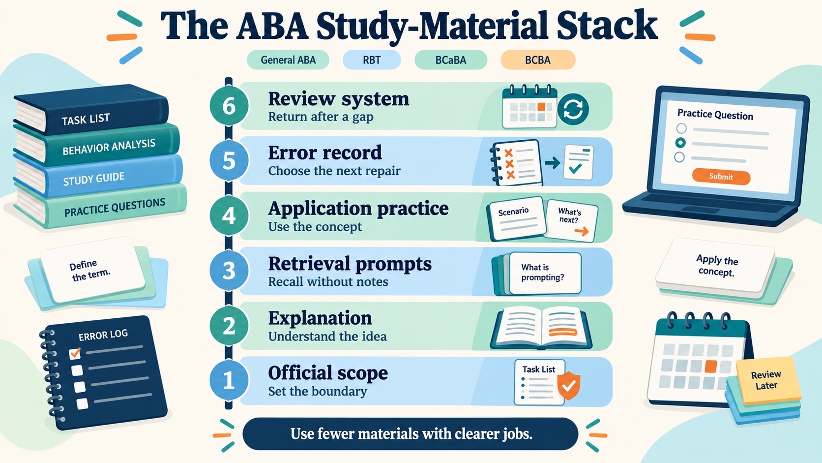 No-person infographic showing a track-aware ABA study-material stack: official scope, explanation, retrieval prompts, application practice, error record, and spaced review, with separate RBT, BCaBA, and BCBA labels.