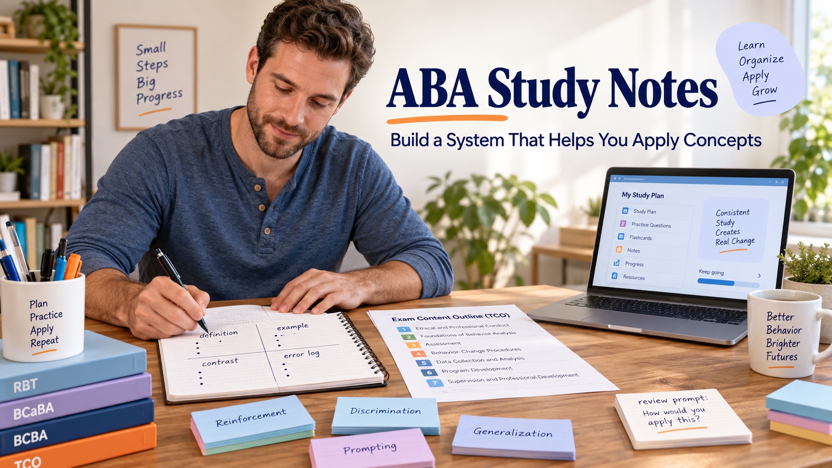 A White man builds ABA study notes from a current exam content outline, concept cards, and an error log in one integrated editorial study scene.