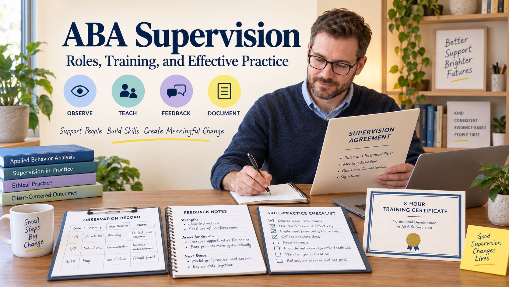 A White male ABA supervisor reviews a supervision plan with feedback notes, an observation record, a skill-practice checklist, and an 8-hour training certificate in one integrated editorial scene.