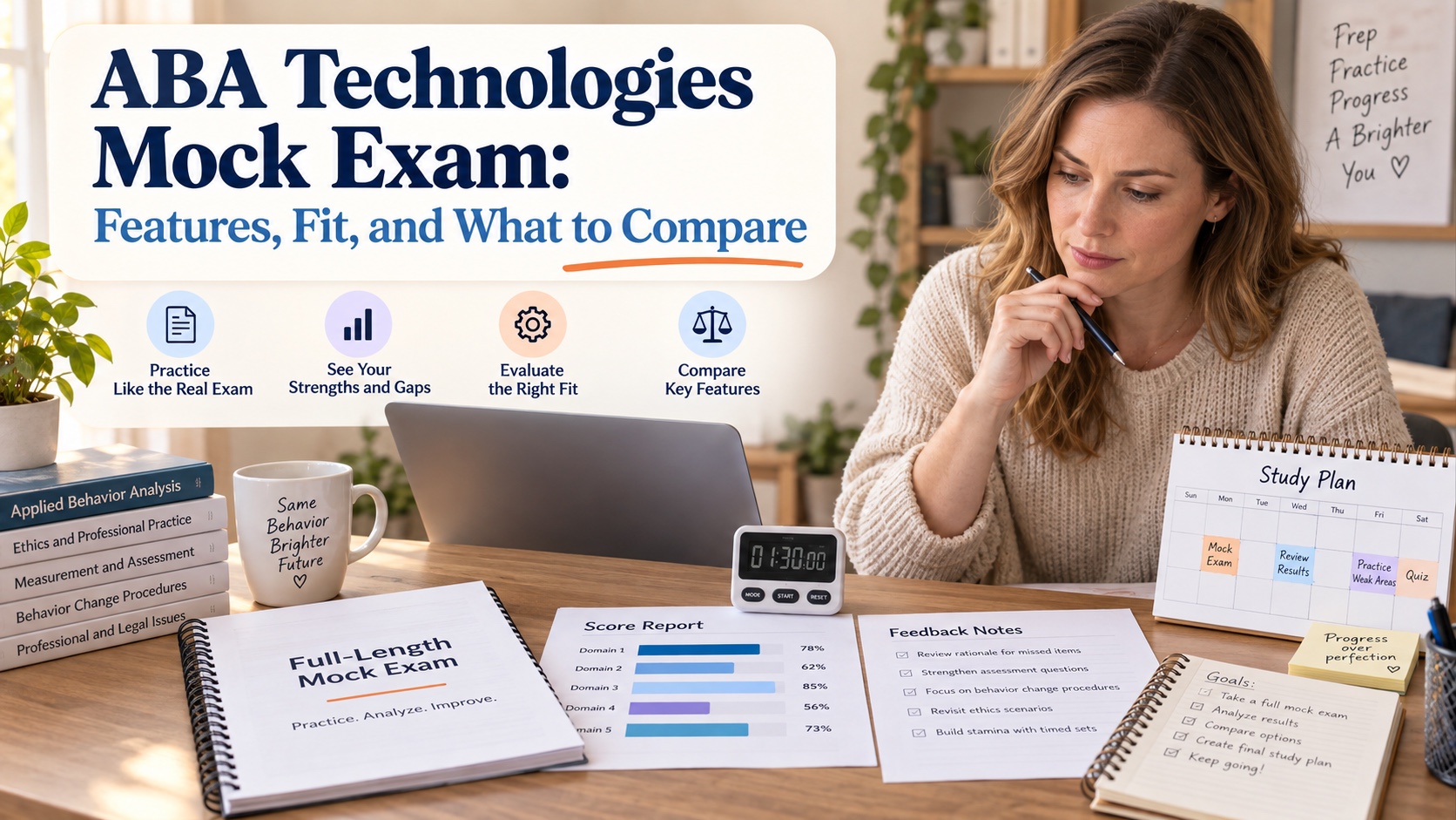 A White woman reviews an ABA Technologies mock-exam score report, full-length practice materials, feedback notes, timer, and study calendar in an integrated ABA Study Online editorial scene.