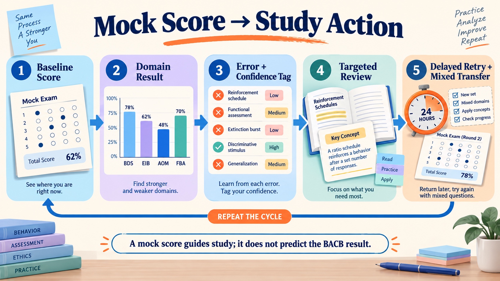 No-person infographic showing a study loop from mock baseline score to domain result, error and confidence tag, targeted review, delayed retry, and mixed transfer practice, with a boundary that the score is not a BACB result.