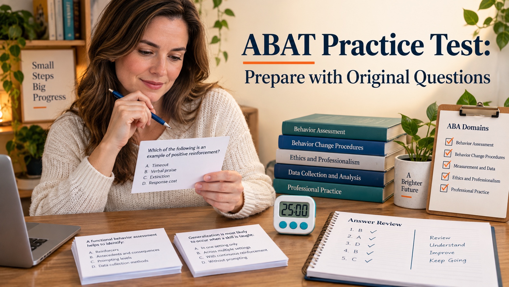 A realistic White woman reviews an original ABAT practice test at a warm study desk with answer cards, a timer, and a domain checklist in an integrated editorial cover.