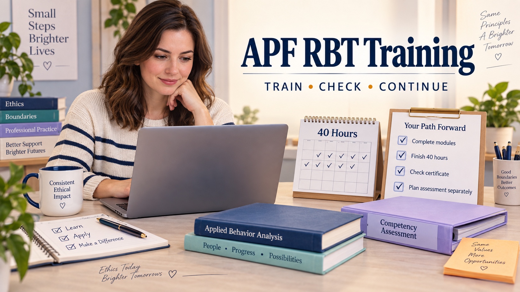 A White female RBT learner reviews a generic online training dashboard, 40-hour calendar, certificate checklist, and separate competency-assessment folder in one integrated editorial scene.