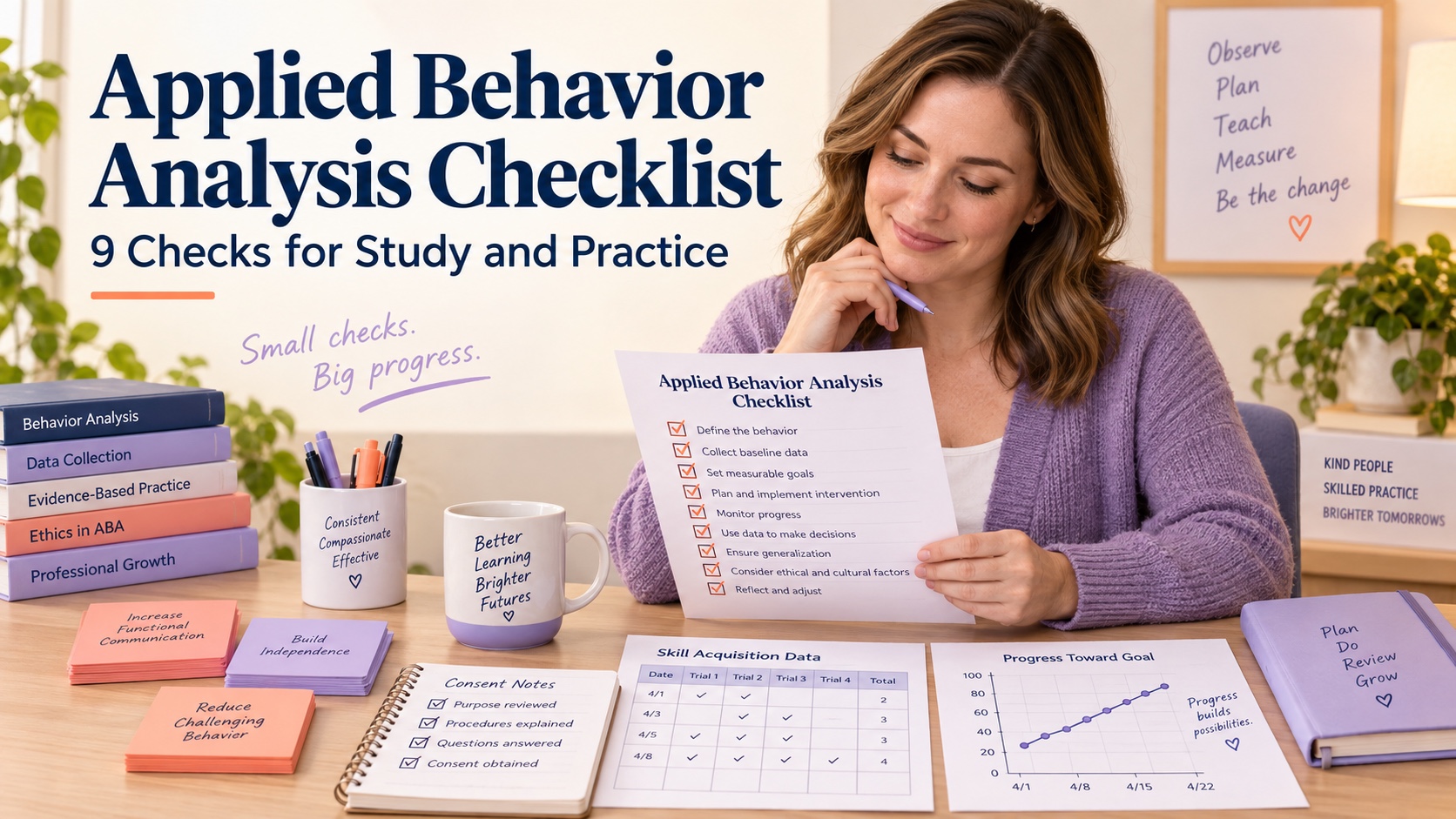 A White female behavior analyst reviews an applied behavior analysis checklist beside a data sheet, goal cards, consent notes, and a progress graph in one integrated editorial scene.