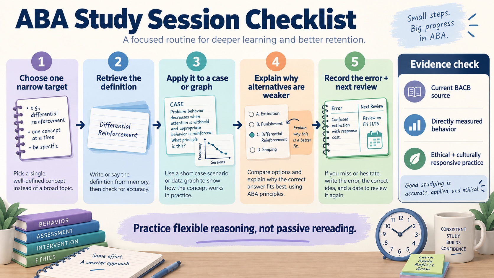 No-person infographic showing an ABA study-session checklist: choose a target, retrieve a definition, apply it to a case or graph, explain alternatives, record the error, and check the current source.
