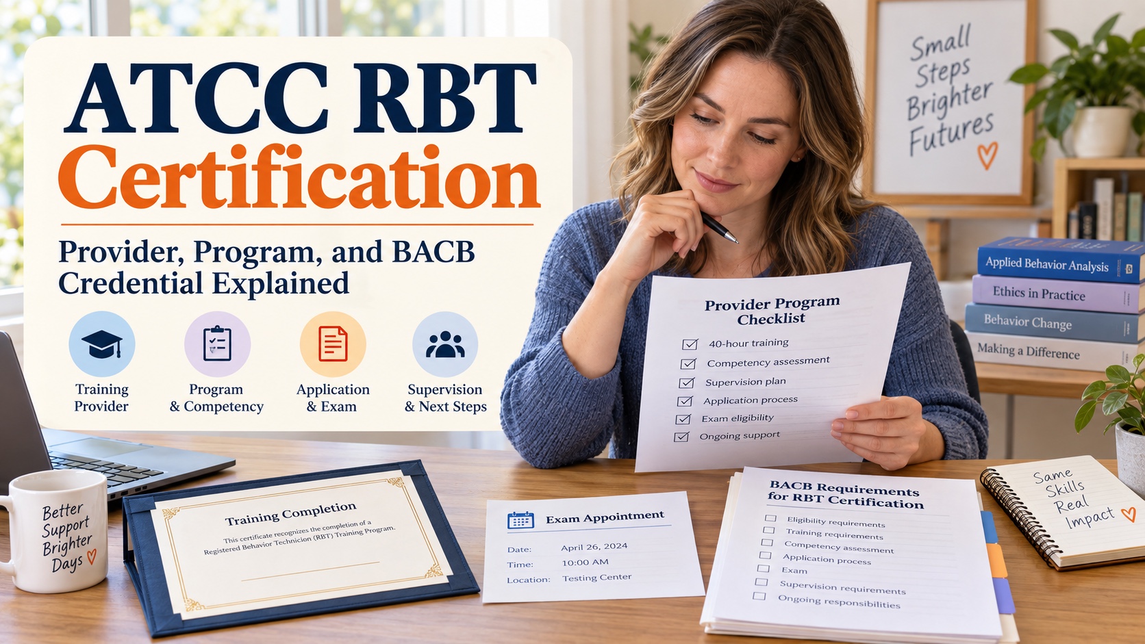 A White woman compares an RBT training provider checklist with BACB certification requirements and an exam schedule in one integrated editorial scene.