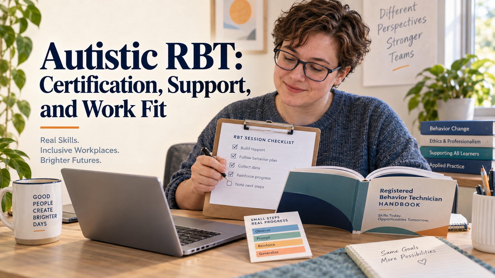 A realistic White autistic adult RBT candidate reviews a session checklist and current RBT handbook in an integrated editorial scene titled Autistic RBT: Certification, Support, and Work Fit.