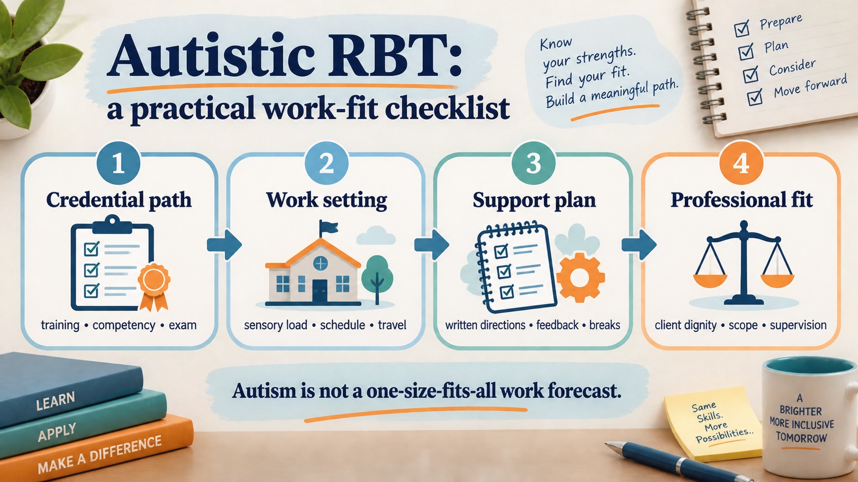 No-person infographic showing four work-fit questions for an autistic RBT: credential path, work setting, support plan, and professional fit, with training, sensory load, written directions, client dignity, scope, and supervision.