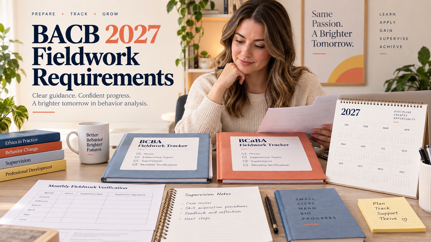 A realistic White female trainee compares BCBA and BCaBA 2027 fieldwork trackers, monthly verification forms, supervision notes, and a transition calendar in one integrated editorial scene.