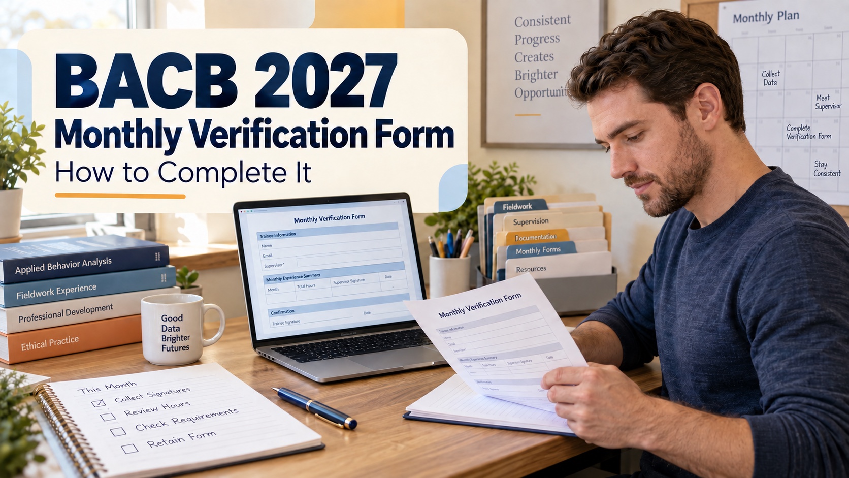 A realistic White man reviews a BACB 2027 monthly verification form with a laptop, fieldwork folders, and an integrated editorial title.