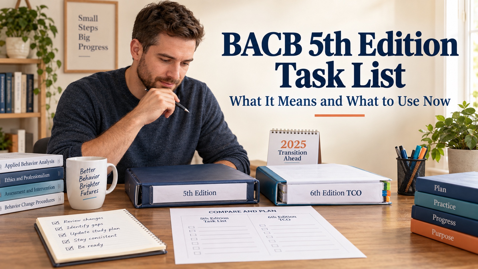 A White male ABA learner compares an older BACB 5th Edition Task List binder with a current 6th Edition Test Content Outline checklist and a dated exam-planning calendar in one integrated editorial scene.
