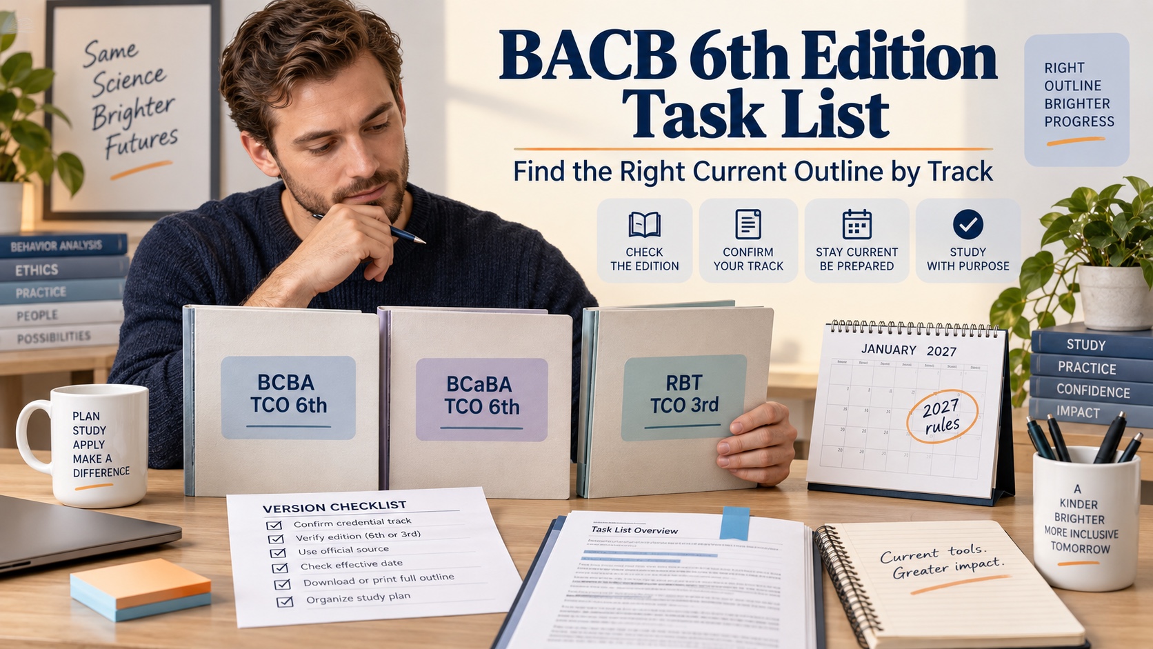 A White man checks the credential and edition on three neutral BACB study folders beside a version checklist in an integrated editorial scene.