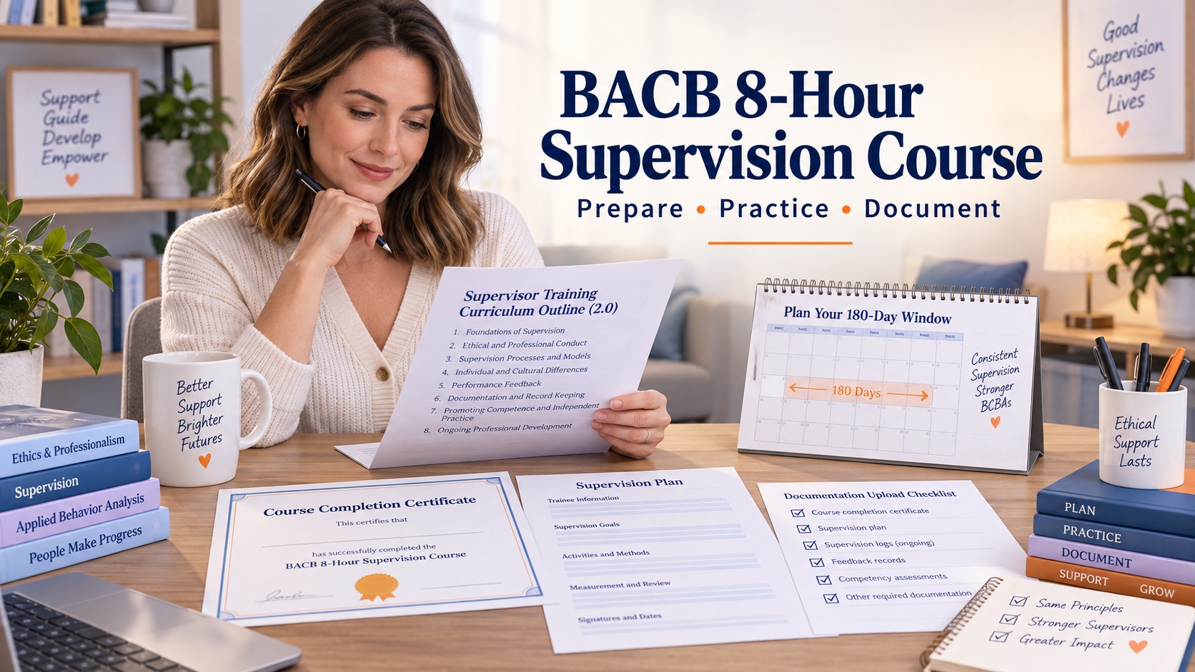 A White female behavior analyst reviews the BACB Supervisor Training Curriculum Outline, a course certificate, supervision plan, upload checklist, and 180-day calendar in one integrated editorial scene.