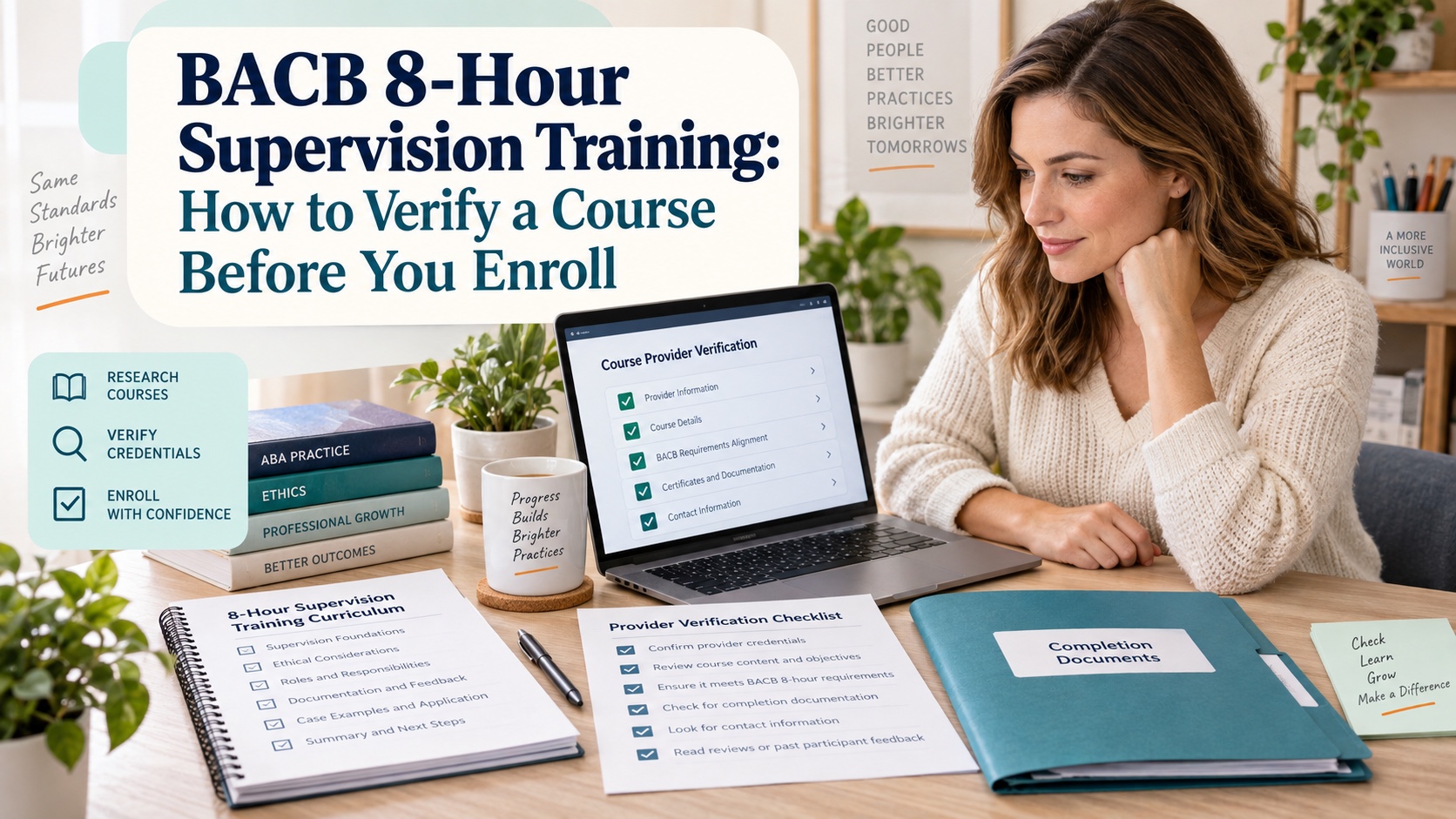 A White woman compares an online BACB 8-hour supervision training course page with a provider registry, curriculum outline, and completion checklist in an integrated ABA Study Online editorial scene.