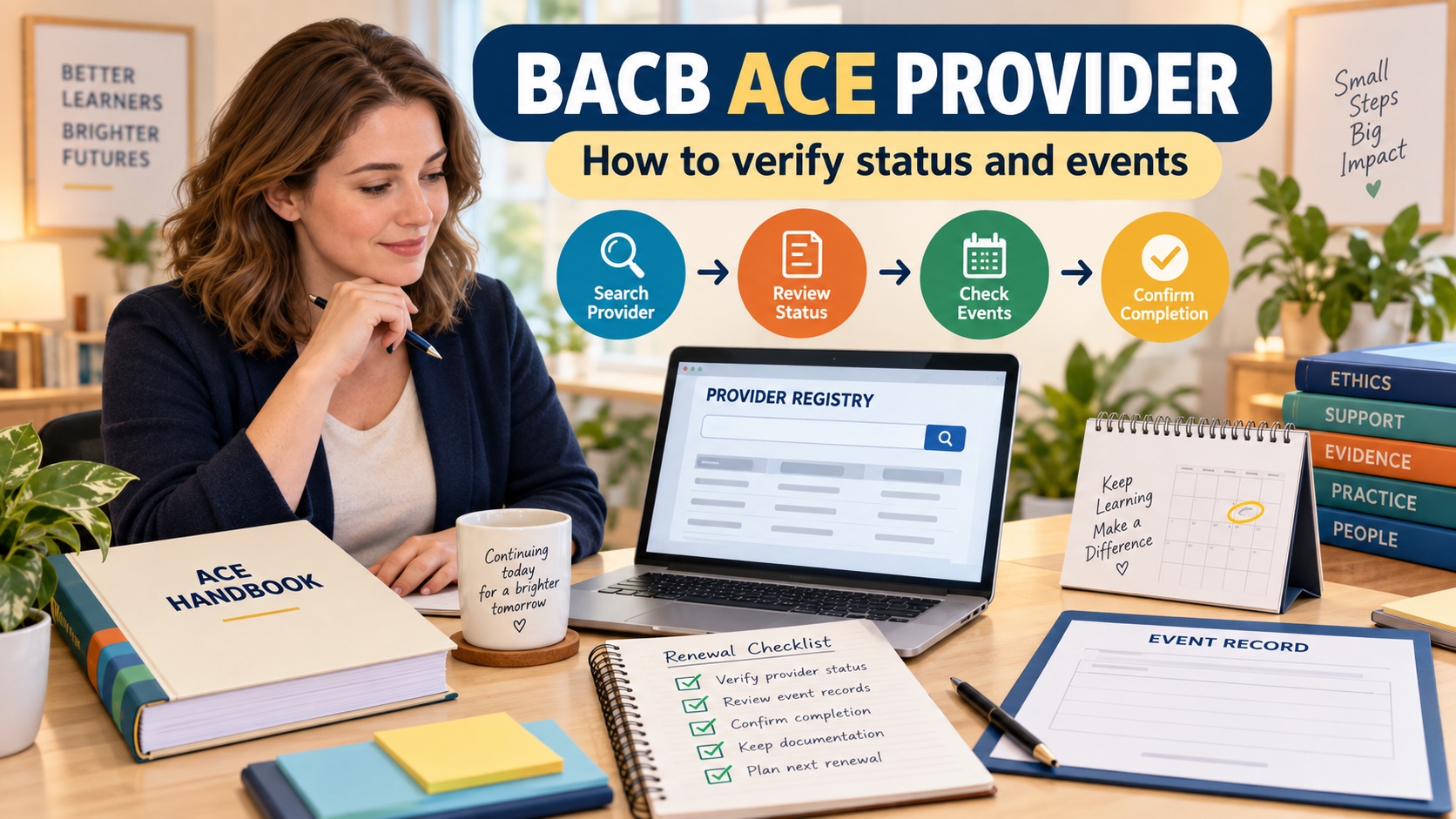 A White female ABA professional reviews a generic ACE handbook, provider registry screen, event record, calendar, and renewal checklist in one integrated editorial scene.