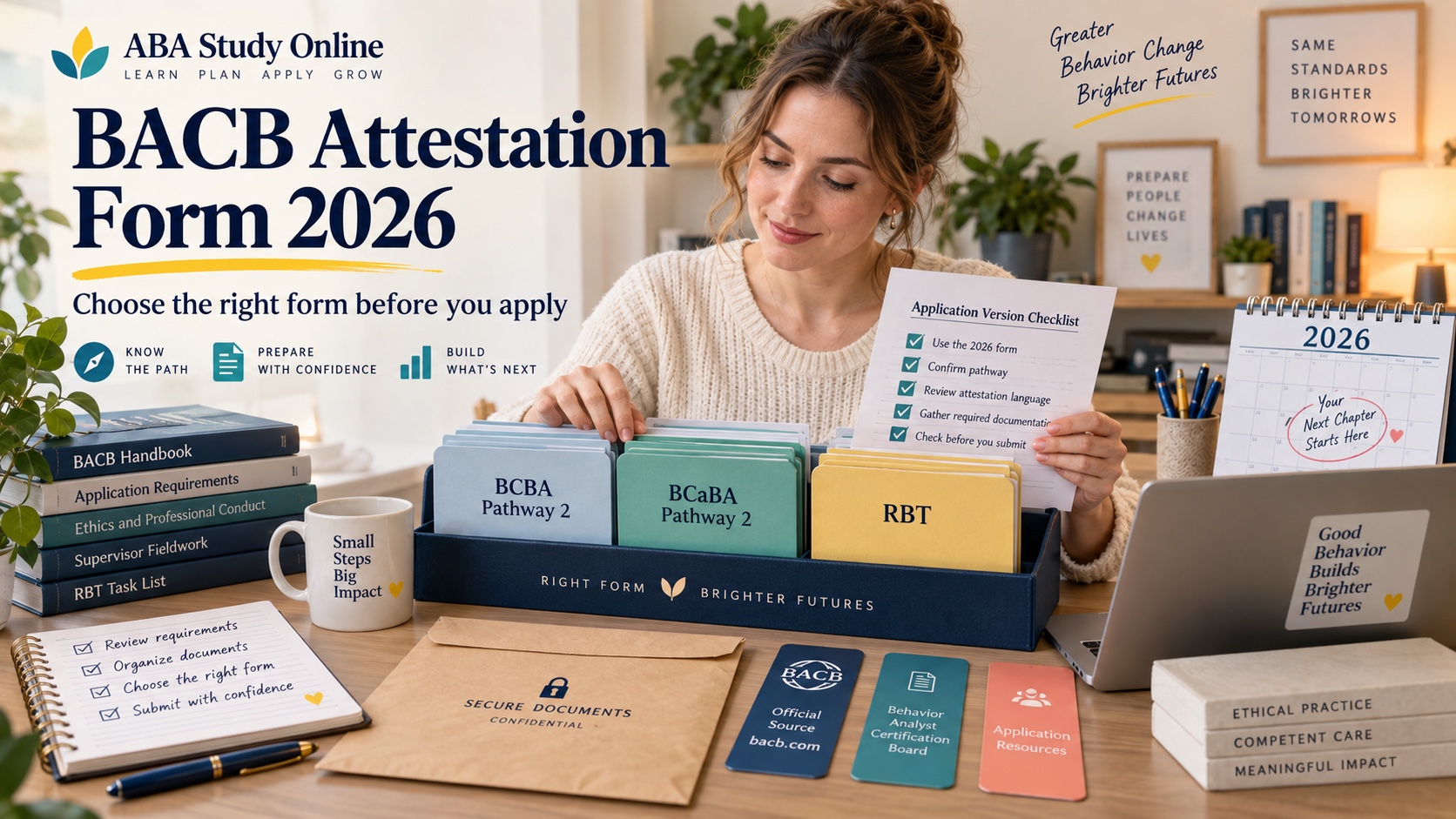 A White woman organizes BACB application folders labeled BCBA Pathway 2, BCaBA Pathway 2, and RBT with a 2026 version checklist and secure document envelope in an integrated ABA Study Online editorial scene titled BACB Attestation Form 2026.