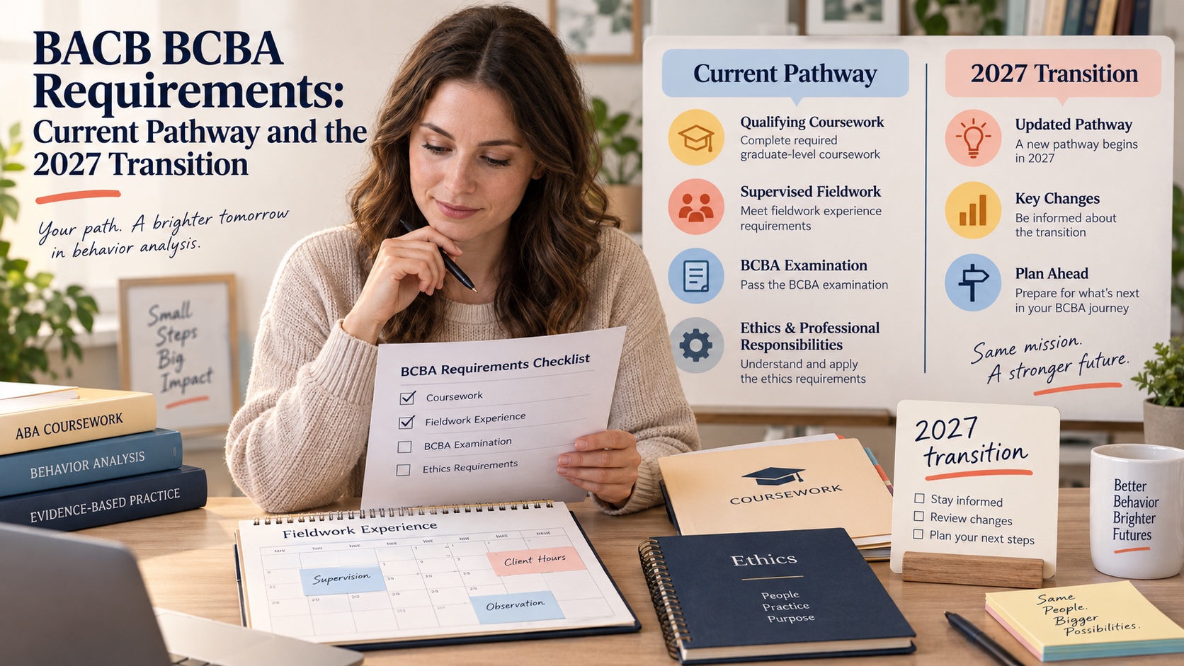 A realistic White woman reviews BCBA certification requirements beside a fieldwork calendar, coursework folder, examination checklist, and 2027 transition notes in an integrated editorial cover.