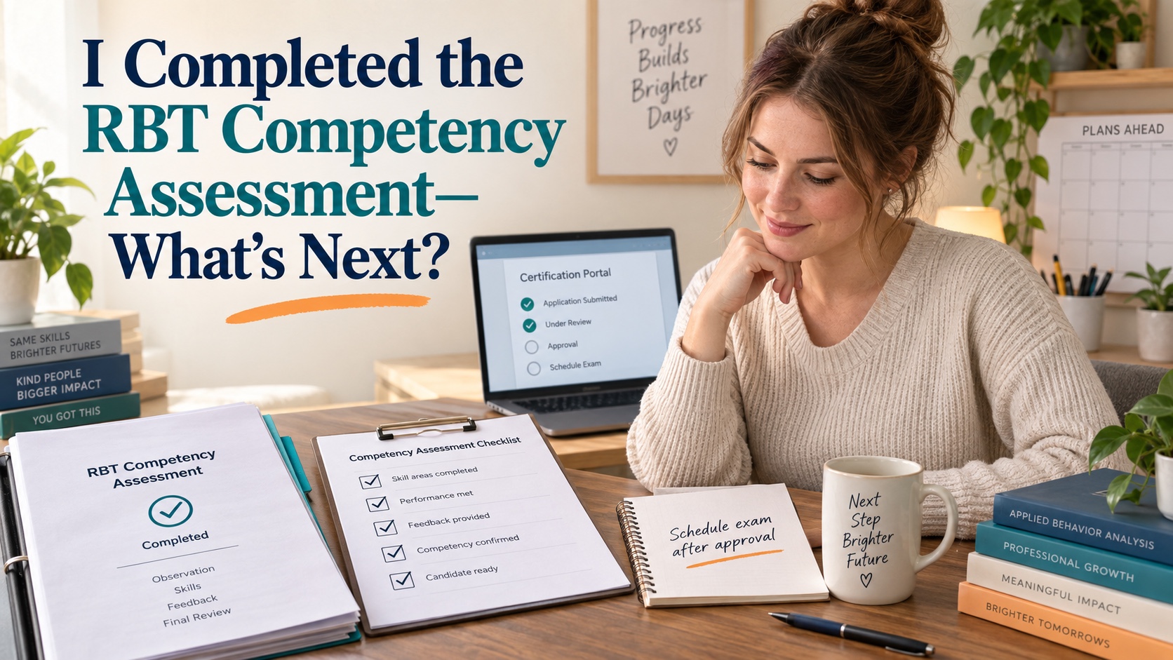 A White female RBT candidate reviews a completed competency assessment packet, signed checklist, generic certification portal, and exam planning note in one integrated editorial scene.
