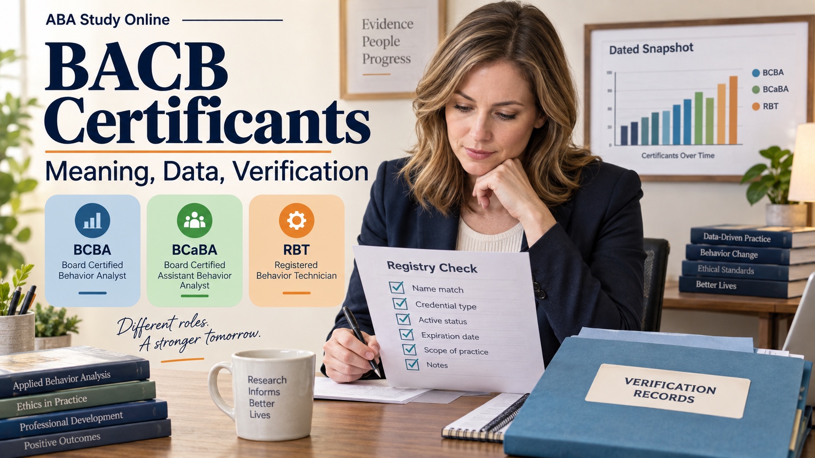 A White female professional reviews BACB certification records, role cards for BCBA, BCaBA, and RBT, a dated data chart, and a registry verification checklist in one integrated editorial scene.