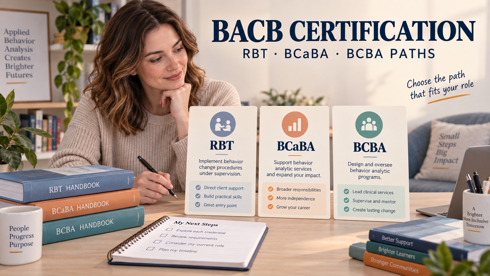 A White woman compares RBT, BCaBA, and BCBA certification paths with handbooks and a route checklist.