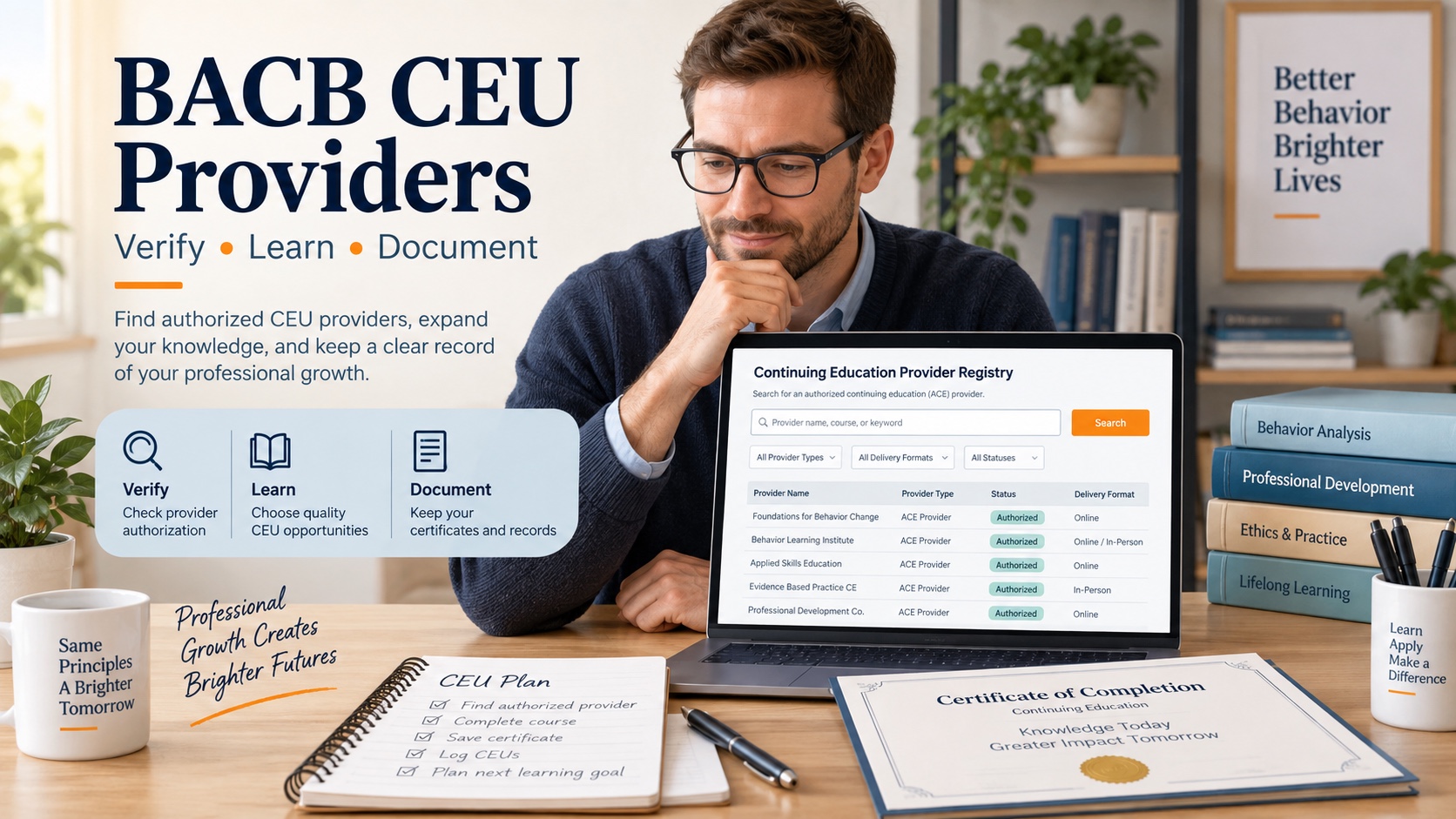 A White male behavior analyst compares a BACB ACE Provider Verification Registry search, a learning certificate, and a continuing education calendar in one integrated editorial scene.