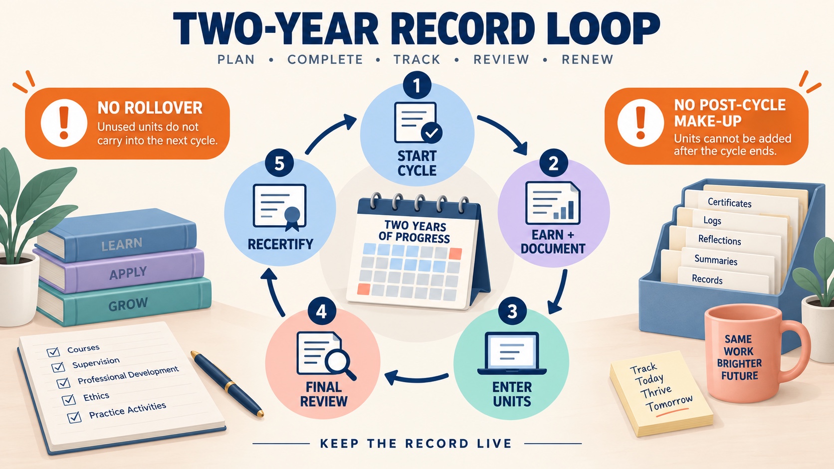No-person BACB two-year record loop showing cycle start, earn and document, enter units, final review, and recertify, with no rollover and no post-cycle make-up caution labels.