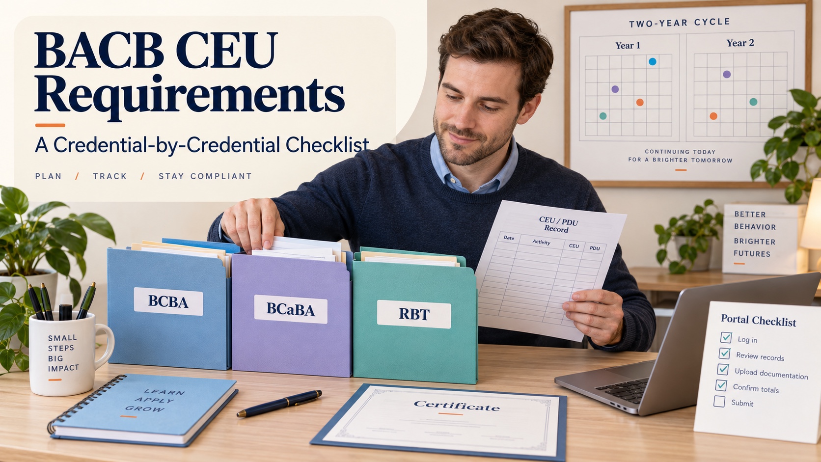 A White man organizes BACB maintenance folders, a two-year cycle calendar, CEU and PDU records, and a portal checklist in one integrated editorial study scene.