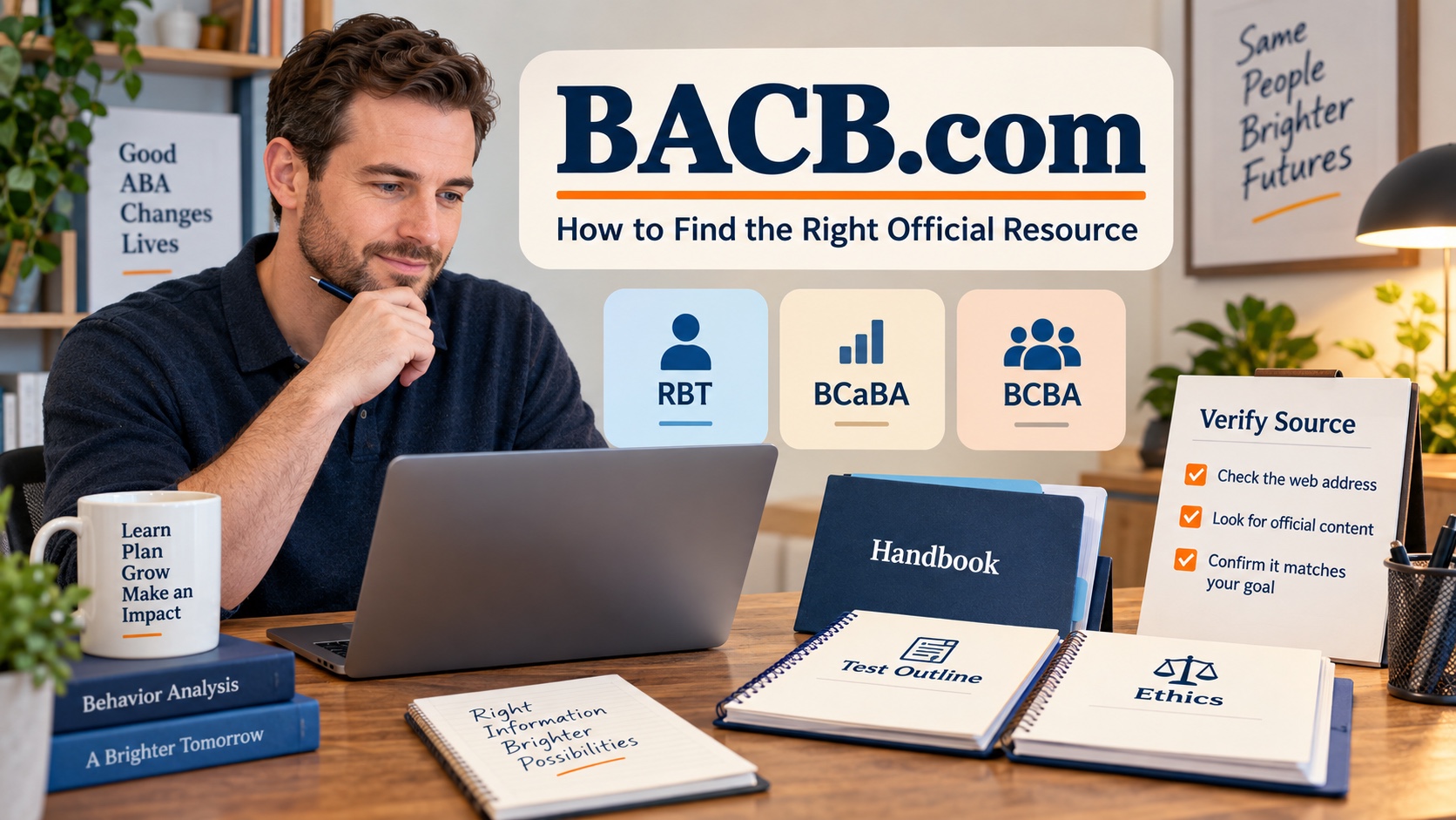 A White man organizes official BACB resource paths with a browser window, handbook folder, and certification track cards.