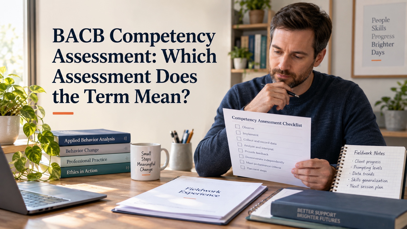 A White man reviews a BACB competency assessment decision map beside an official packet, checklist, data sheet, and fieldwork notes in an integrated editorial scene.
